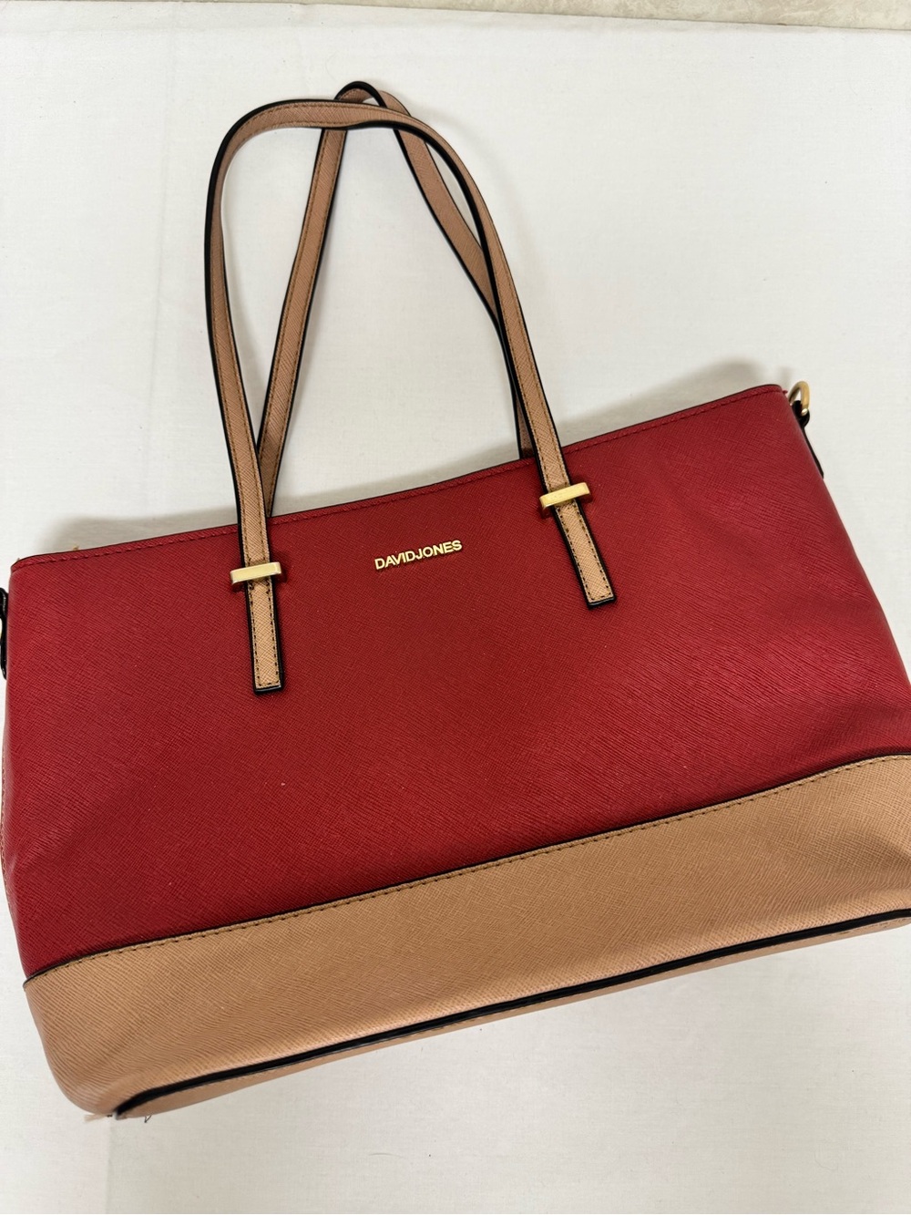 David Jones Red and Tan Colorblock Tote